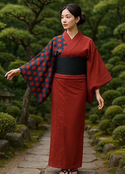 浴衣 単品 仕立て上がり 女性用 半身仕立て 綿100％ 深紅×青灰色 水玉模様 ドット NO42107