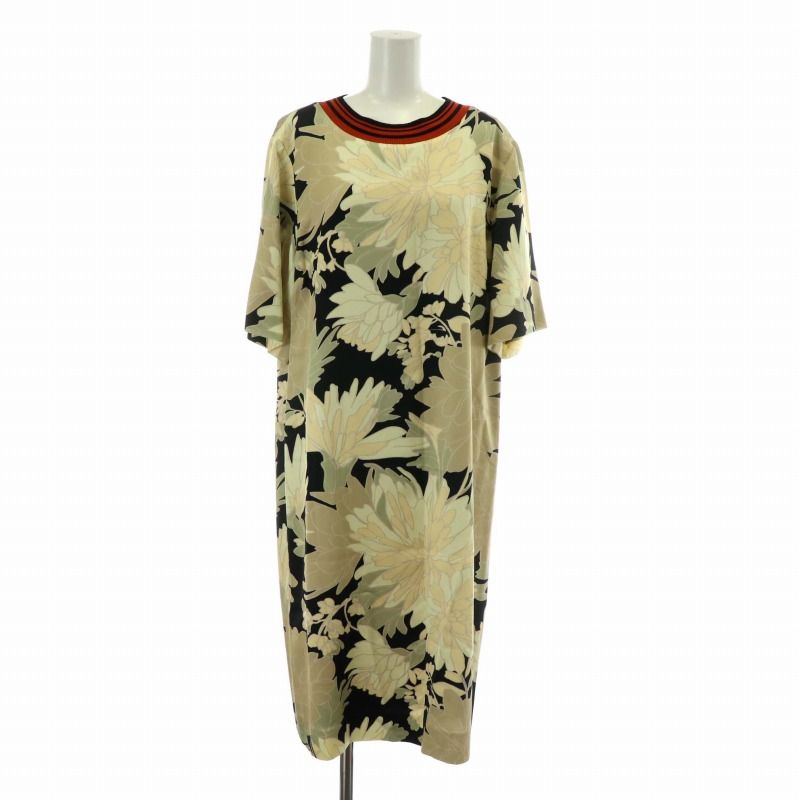 ドリスヴァンノッテン DRIES VAN NOTEN Floral Printed T-shirt Dress ワンピース 半袖 ロング クルーネック 花柄 総柄 38 M ベージュ 黒 ブラック /XZ ■GY19