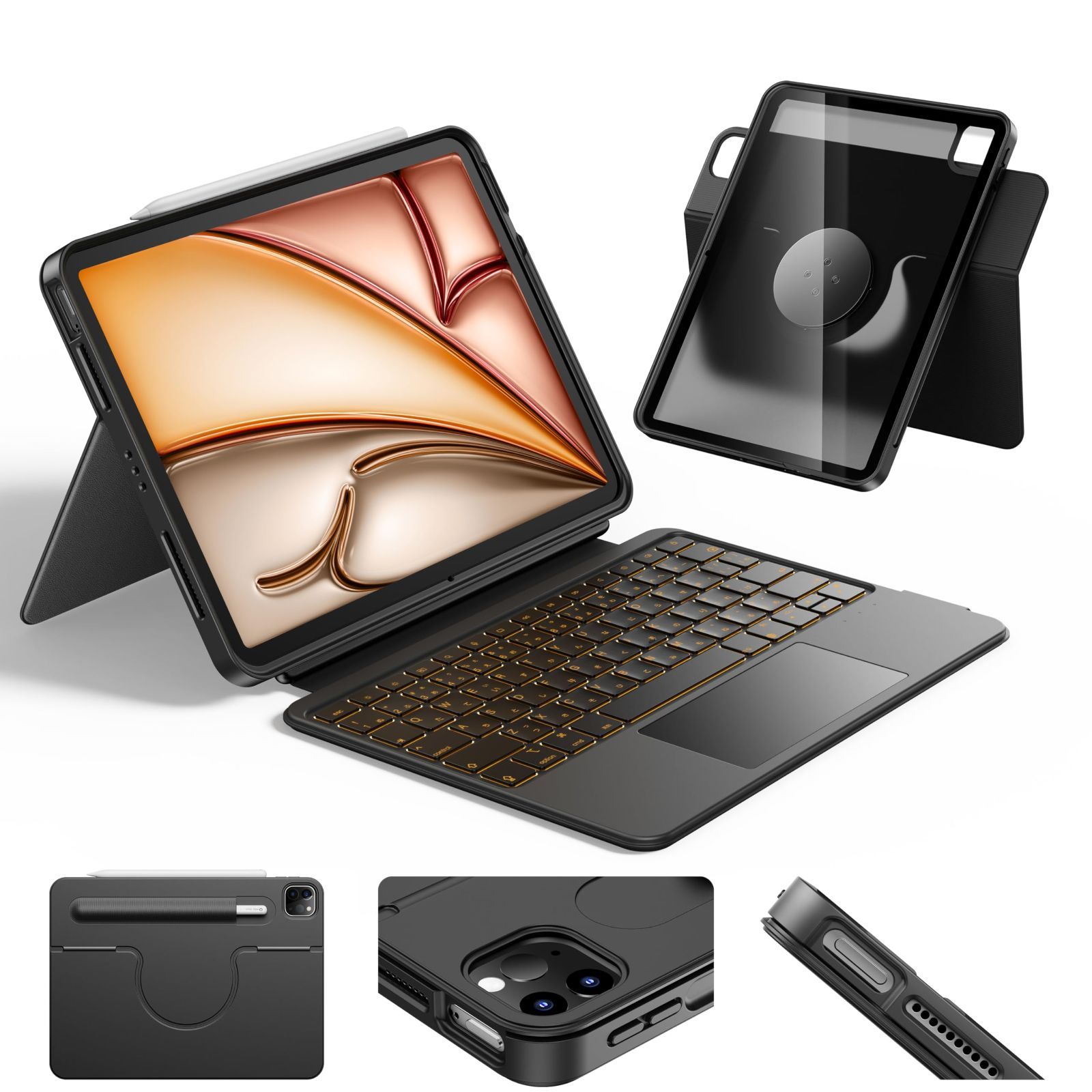 iPad Air M3|M2 for 11インチ 超高精度大型タッチパッド付き 日本語配列 キーボードケース iPad Air 第6|5|4世代 - 回転式 iPad Pro 11インチ 第1～第4世代 HOU 対応 着脱式|縦横360°無段階角度調節|デュ