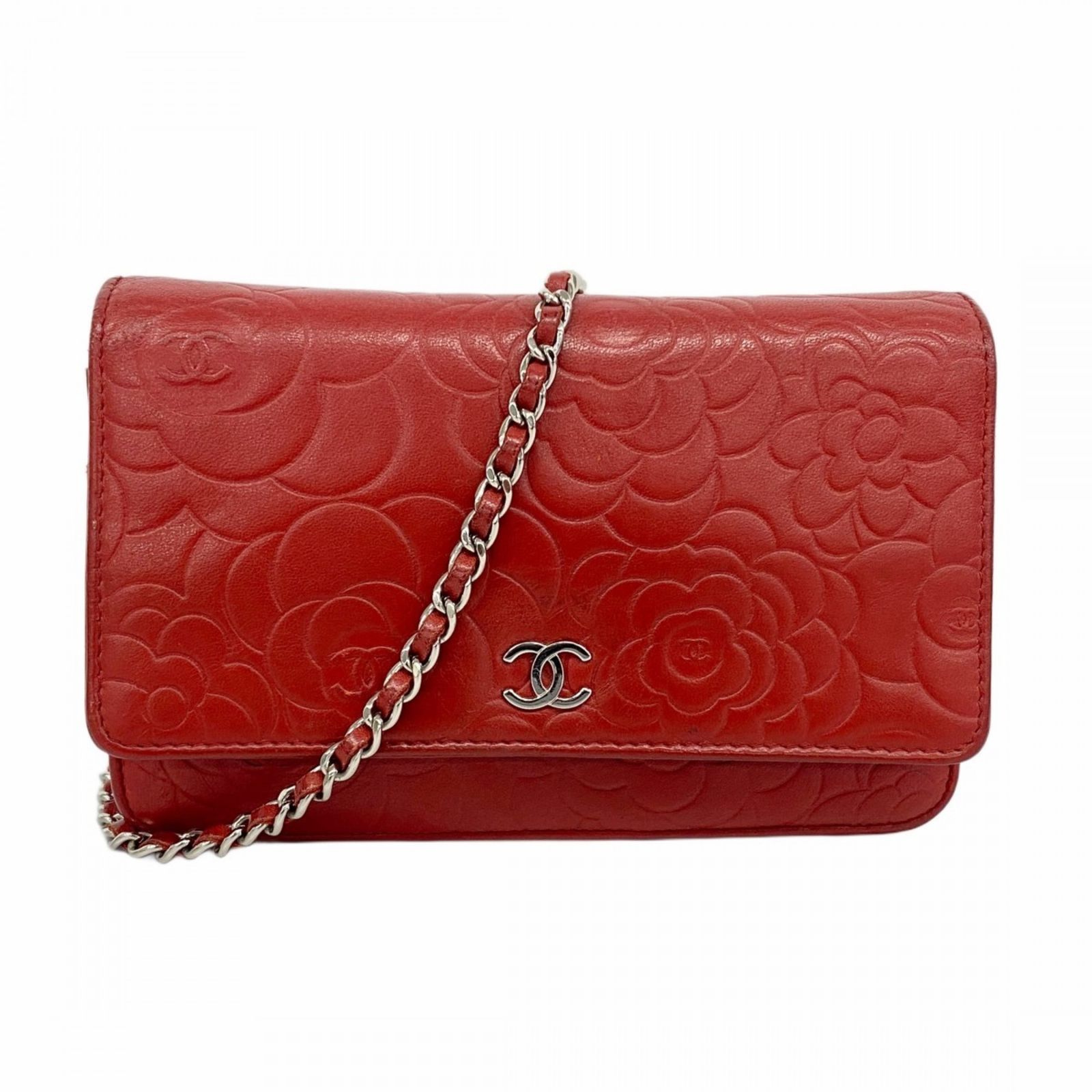 シャネル Chanel シャネル ショルダーウォレット カメリア チェーンショルダー ラムスキン レッド レディース
