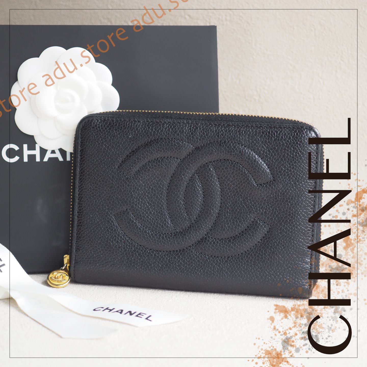 良品☆ シャネル CHANEL キャビアスキン CC ラウンドファスナー 長財布