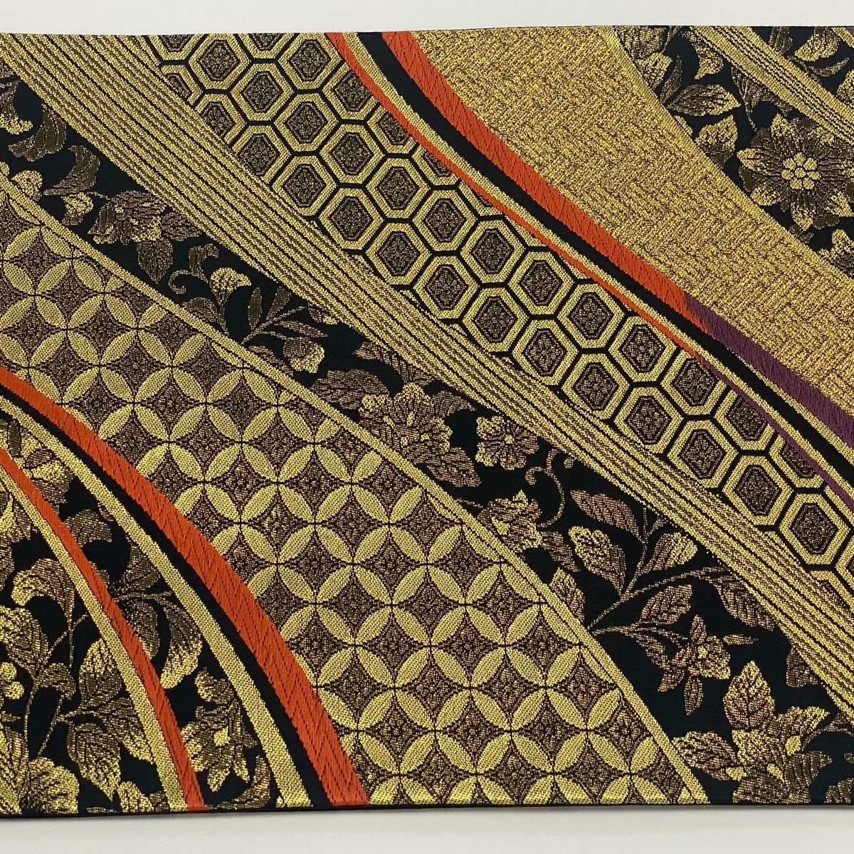 グランドホールセール 秀品 美品 袋帯 七宝 【中古 正絹 六通 金色 箔 金糸 草花 着物・浴衣