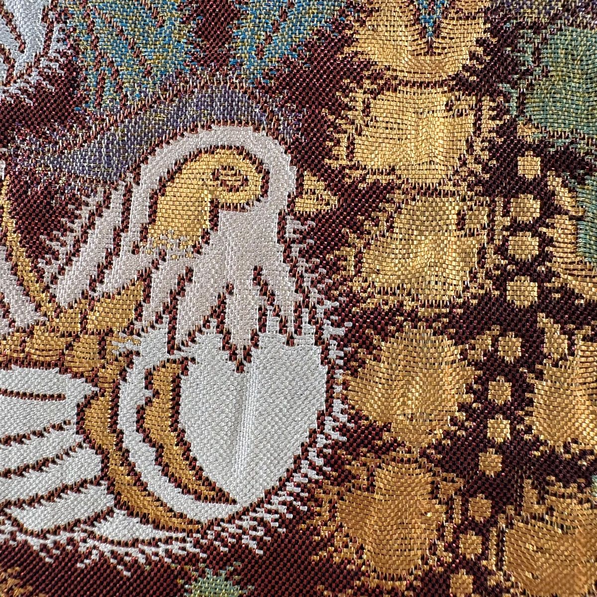 袋帯 名品 辻が花柄 鳥 箔 金糸 赤茶 六通 正絹