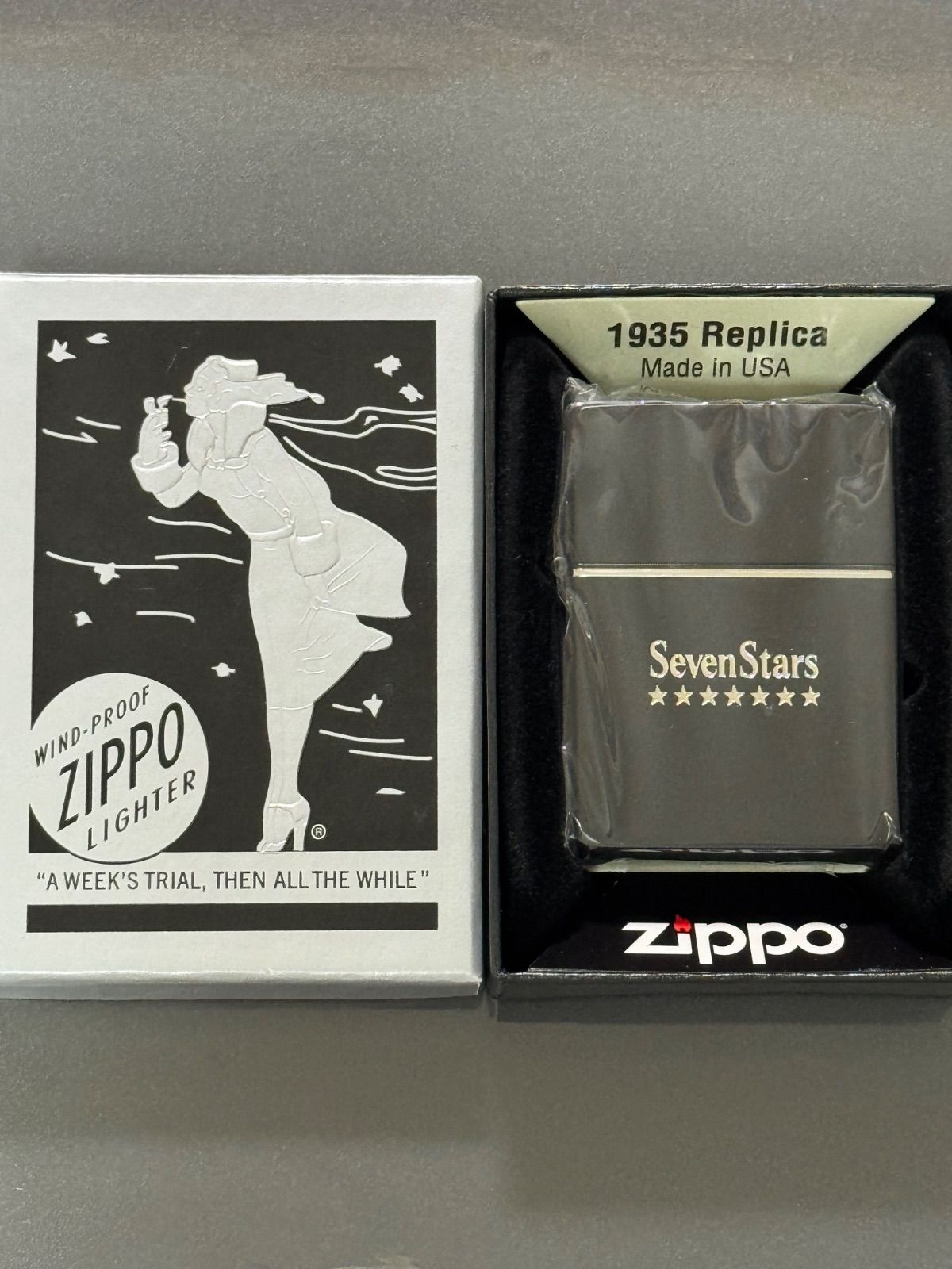 zippo セブンスター 1935レプリカ Seven Stars 2025年製 七連星 外ヒンジ 3連シルバーライン BLACK ブラック デットストック シリアルナンバー NO.0275 ケース 保証書