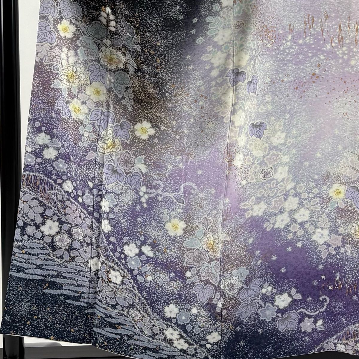 訪問着 身丈158cm 裄丈68.5cm L 袷 吉乃一廉 落款 草花 霞 銀通し 金彩 黒 正絹