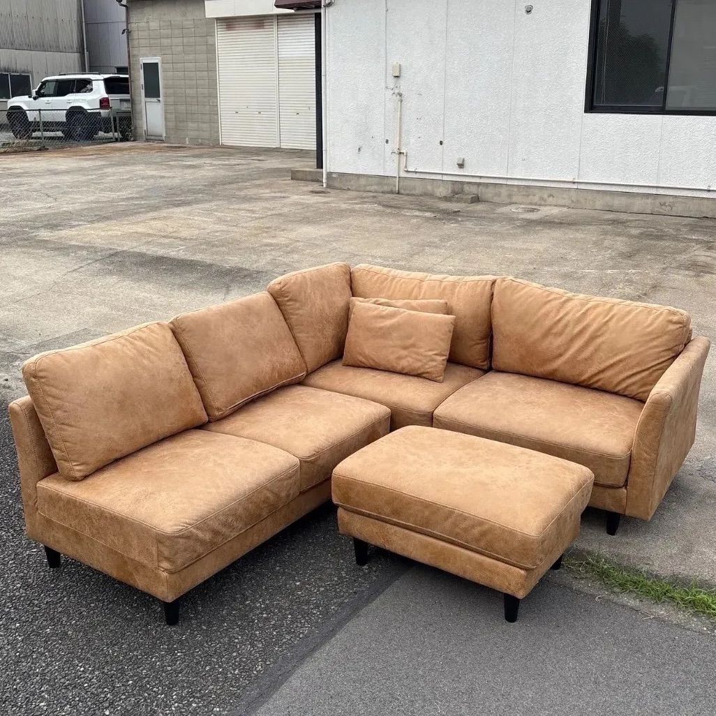 ファブリックレザーソファ ベージュ フェイクレザー インテリア 茶色 ブラウン 三人掛け 3人掛け 3p 3P 2人掛け 二人掛け 2p 2P オットマン 一軒家 大型家具 倉庫前引き取り げあり