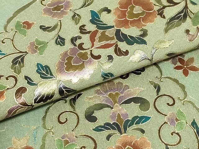 平和屋着物○太鼓柄袋帯 紬地 更紗花唐草文 金彩 正絹 逸品 未使用