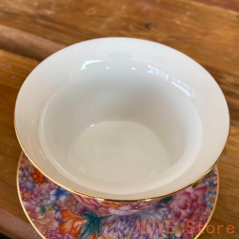 中国茶器 景徳鎮 琺瑯彩万花馬蹄三才蓋碗 茶杯 煎茶器 新品未使用