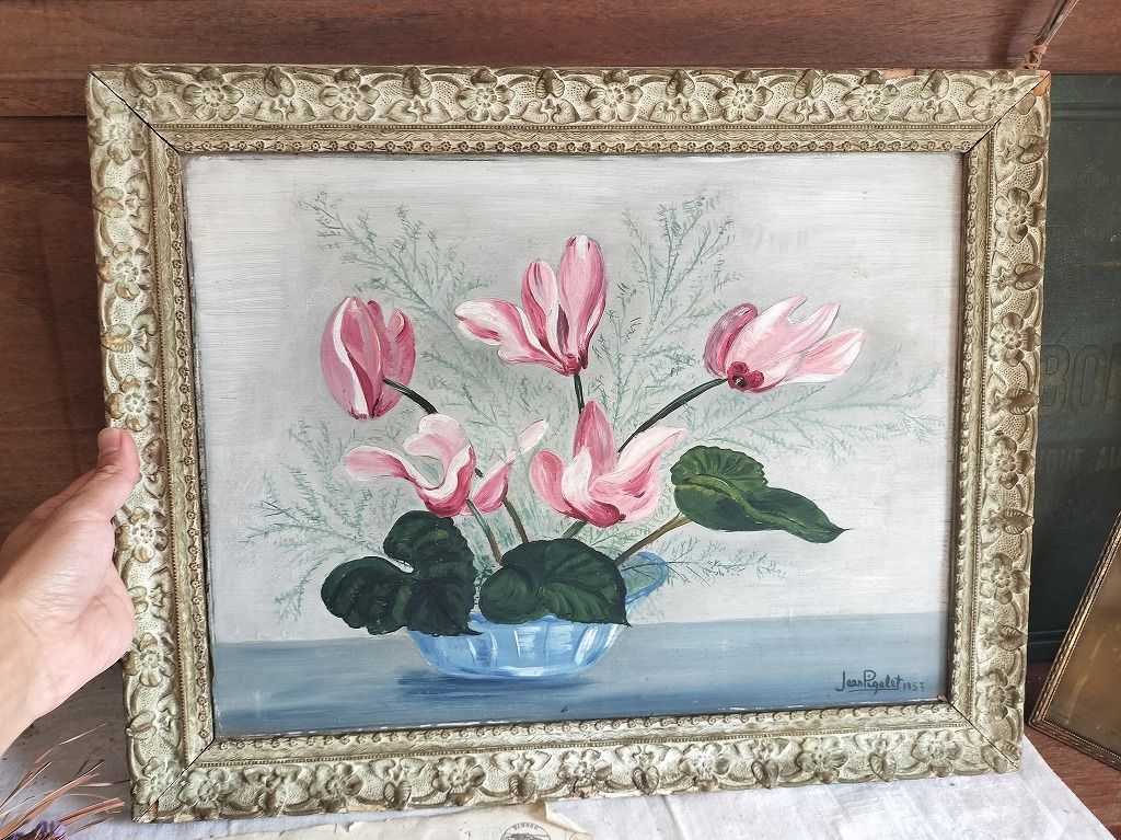 フランス アンティーク 手書き絵 花瓶 木製 額 フレーム フランス アンティーク 手書き絵 花瓶 木製 額 フレーム