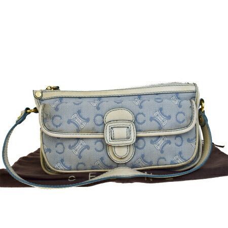 セリーヌ Cマカダム ショルダーバッグ ブルー ホワイト キャンバス レザー レディース CELINE 【中古】 中古】 セリーヌ CELINE Cマカダム ショルダーバッグ ライトブルー