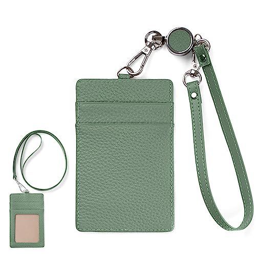 グリーン パスケース リール付 定期入れ メンズ レディース 本革 ID 