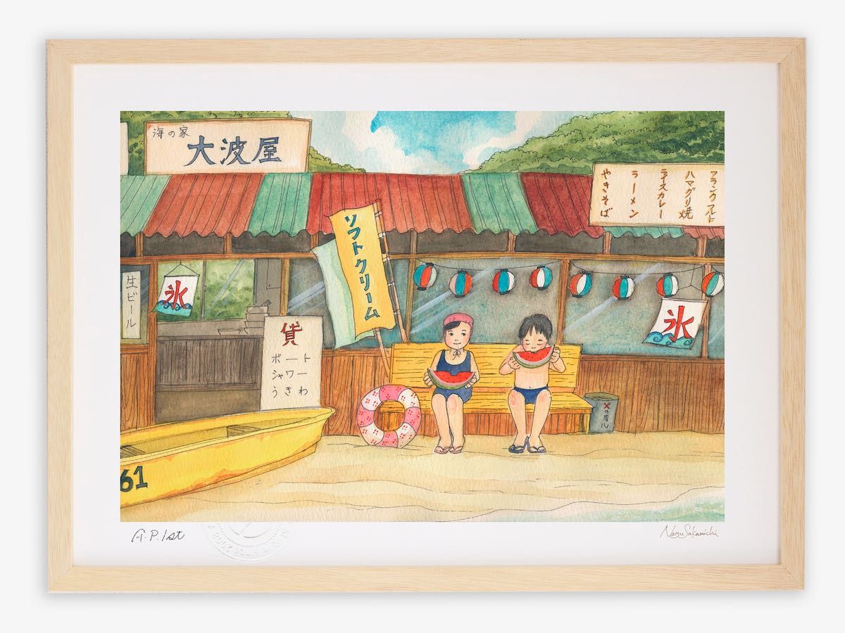 絵画 海の家/インテリア 壁掛け 額入り 額装込 風景画 油絵 ポスター