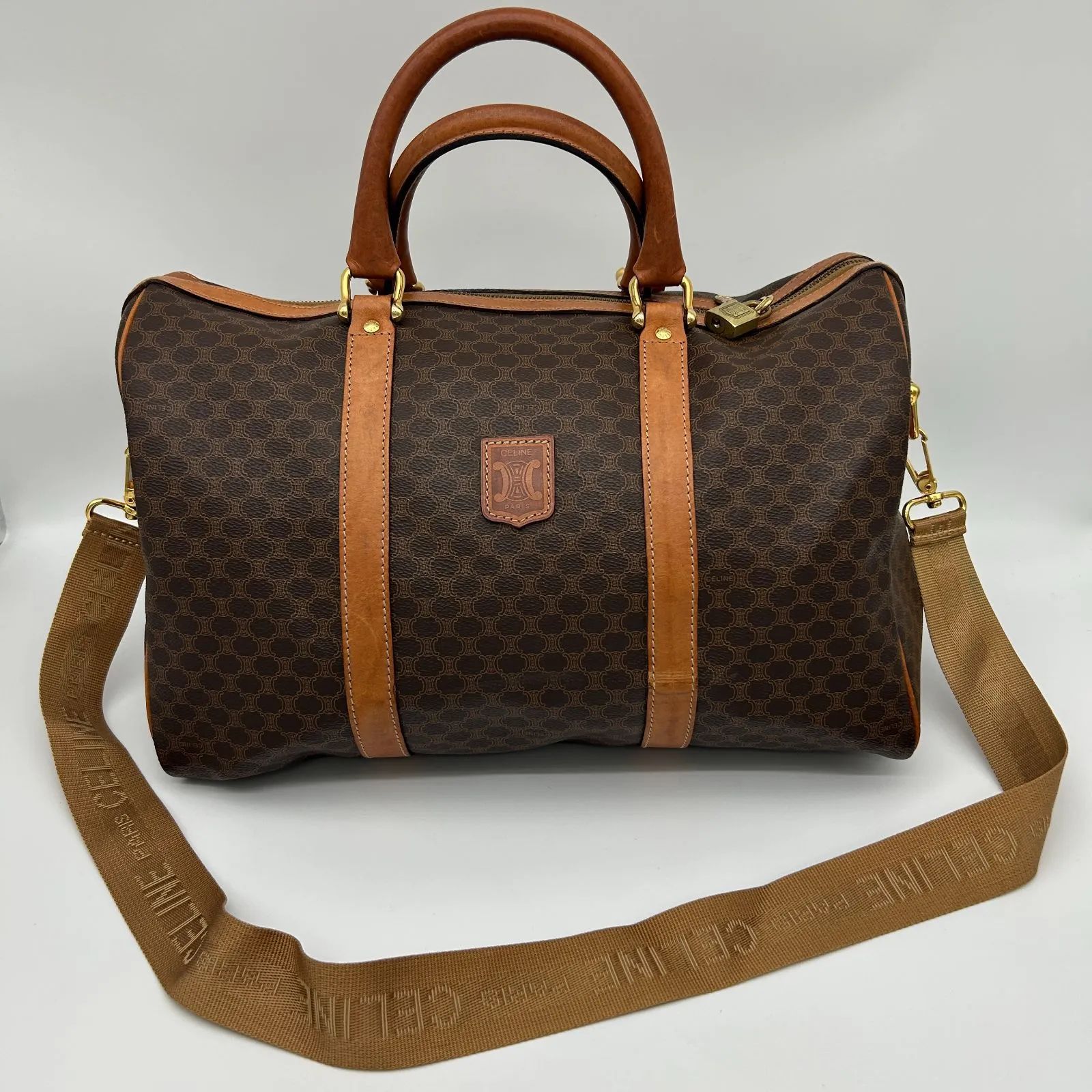 CELINE】ボストンバッグ マカダム柄 ゴールド金具 PVC ダーク