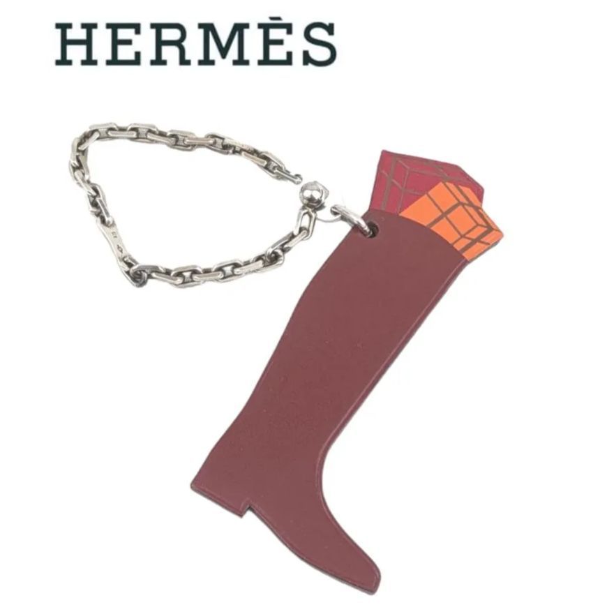 ★☆★オープニング価格★☆★　レア【美品】　HERMES エルメス　プレゼントボックスブーツ　チャーム 　キーホルダーバッグチャーム　シルバーチェーン　レザー　ボルドー　ワインレッド　レディース