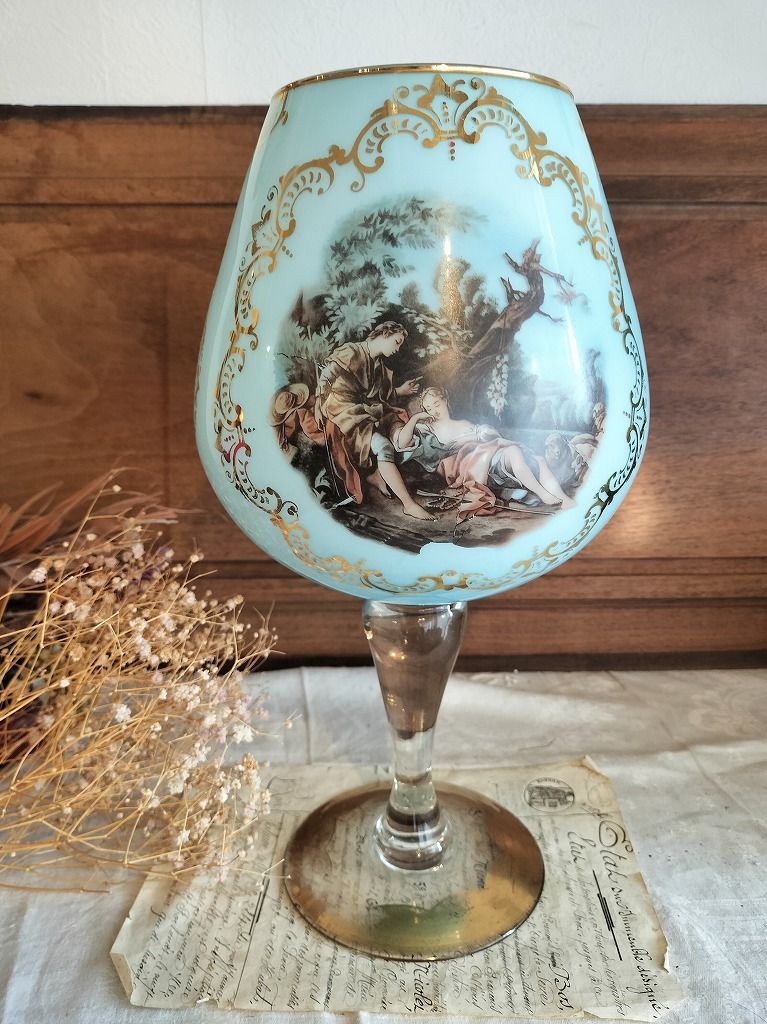 ヴィンテージ　油絵 フランス アンティーク 大きい 絵つき ガラス グラス 花瓶