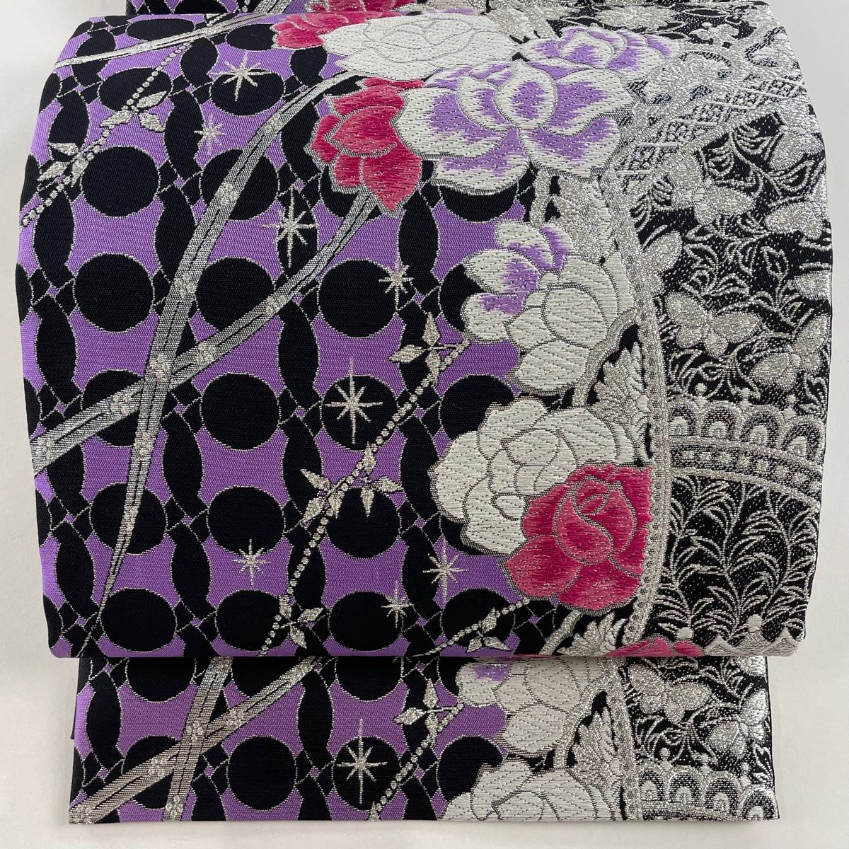 袋帯 美品 秀品 振袖向き 草花 蝶 銀糸 唐織 紫 六通 正絹