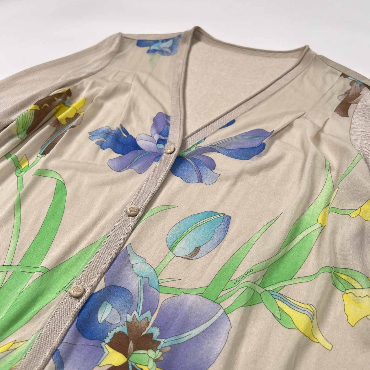 LEONARD FASHION 花柄 長袖 シルク混 カーディガン Lサイズ