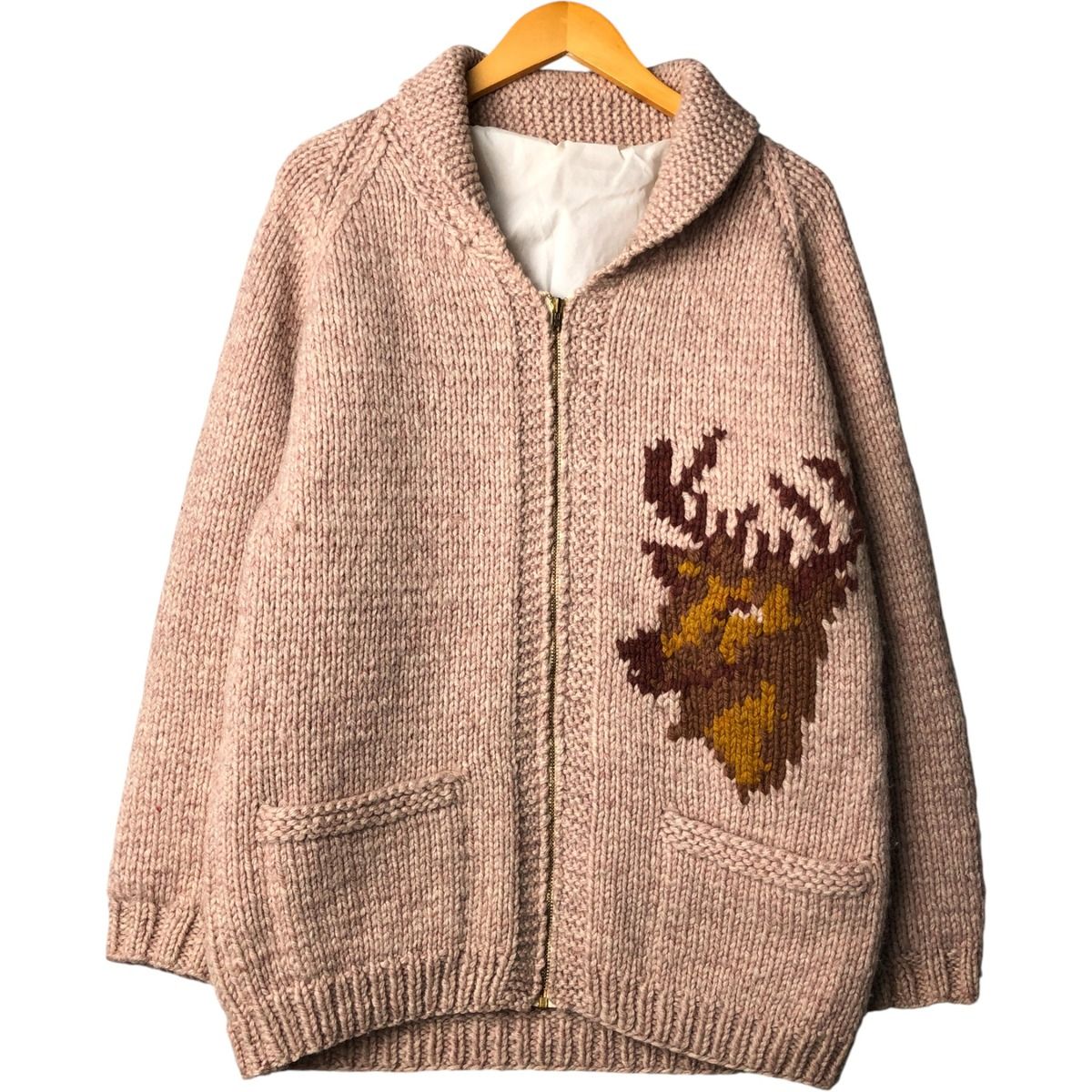 古着 総柄 トナカイ柄 カウチンセーター メンズL相当 ヴィンテージ|evb031454