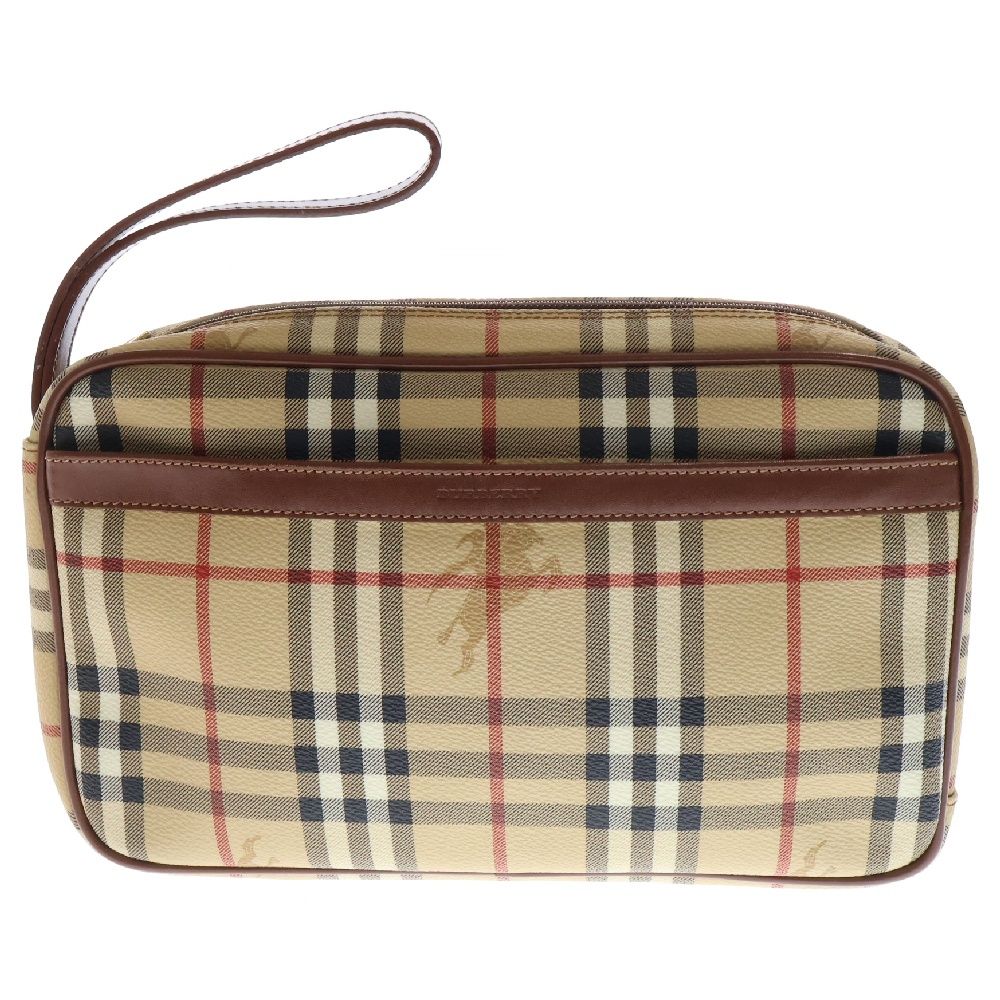BURBERRY (バーバリー) ロゴプリント チェック柄 クラッチバッグ ブラウン
