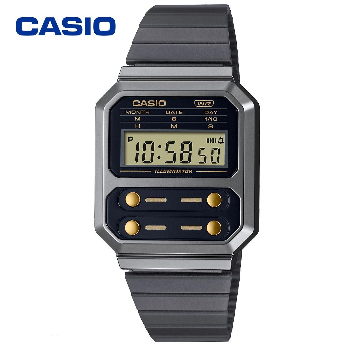 カシオ A100WEGG-1A2 復刻版 腕時計 ガンメタル ブラック ゴールド-0
