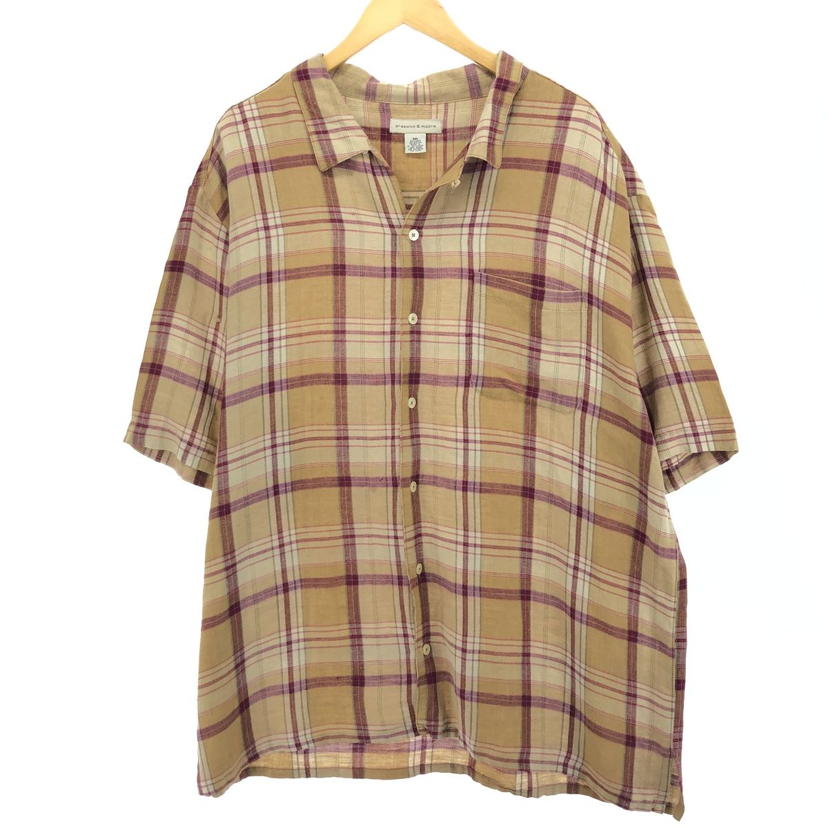古着 ピエールカルダン Pierre Cardin チェック柄 半袖 オープンカラー レーヨン×リネンシャツ メンズXXL相当/eaa476029