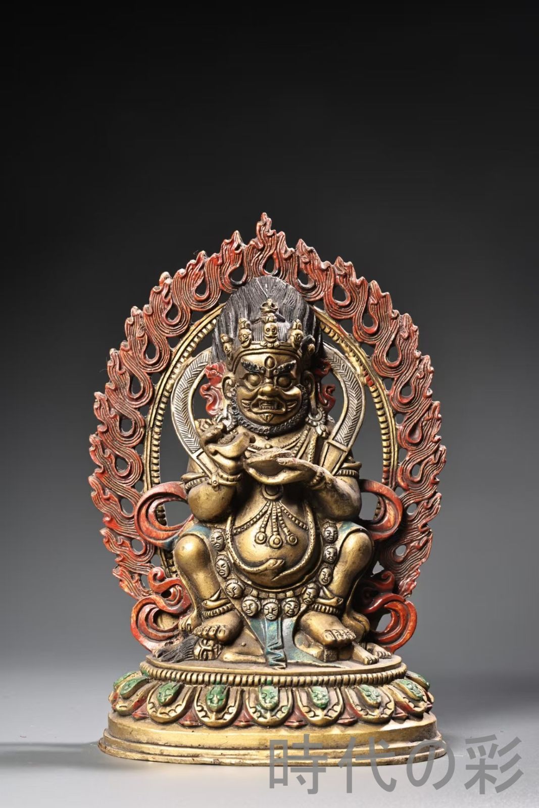 中国古美術 旧蔵 彩絵描金 大黒天佛像 高浮彫 純銅 清代 古玩 骨董品 唐物 中国古美術品 コレクション 時代物 仏像 R07100129