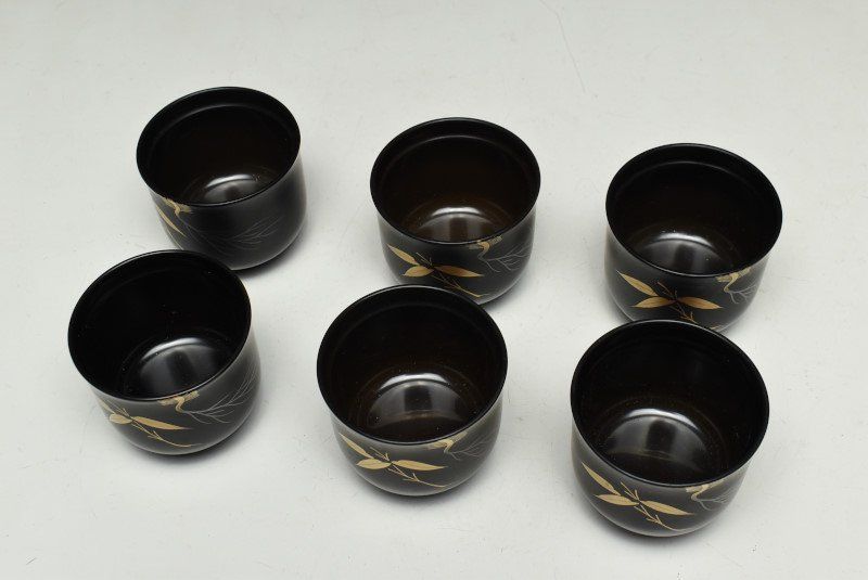 蔵A2279 木製蒔絵松竹梅文 一口椀 箸洗 六客