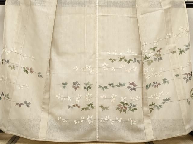 平和屋本店□極上 訪問着 無双 紗袷 紗×紗 スワトウ刺繍 枝葉文 丁子色