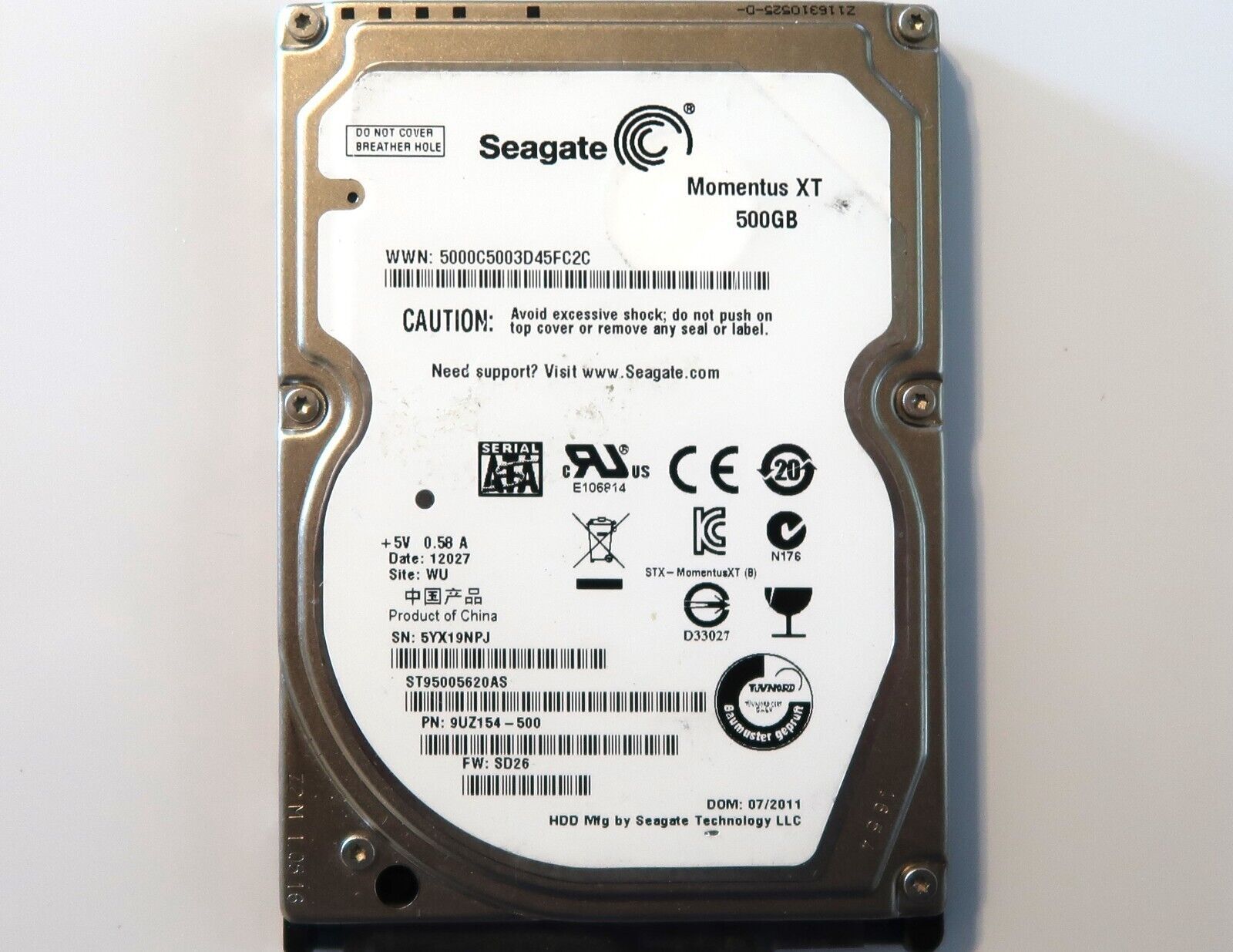 Seagate ST95005620AS 9UZ154-500 SD26 (5YX1) WU 中国 500GB 2.5