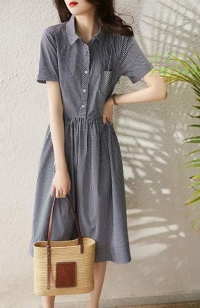 ギンガムチェックワンピース シャツワンピース ひざ下丈 半袖 千鳥格子 前開き お出かけ女子会20代30代40代50代60代 ギャザースカート yan5a374647