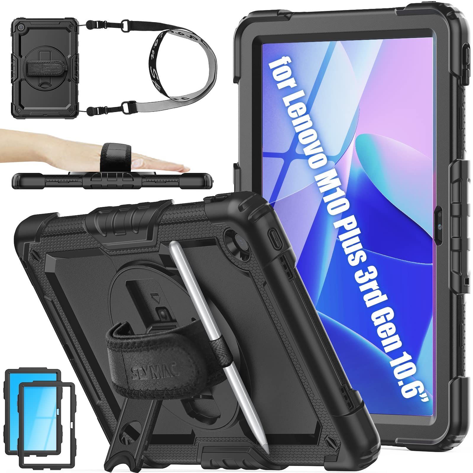 【特価商品】Lenovo Stock tab M10 PLUS（3rd Gen）10.61インチ型専用耐衝撃ケース ハンドストラップ SEYMAC ペン収納 ショルダーストラップ フィルム前カバー レノボ・ジャパン（ブラック）