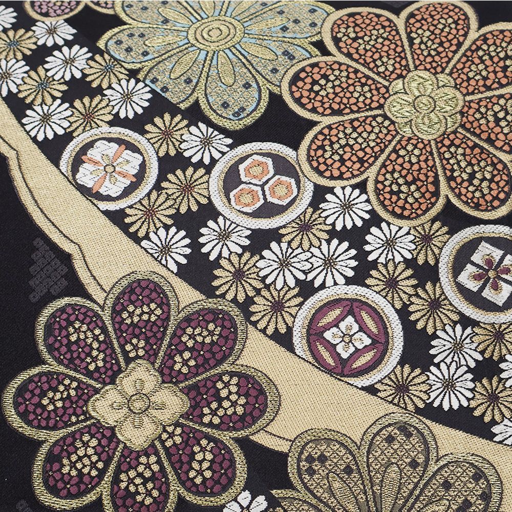 専用◼︎C1128高級袋帯 正絹 絵皿文 亀甲花菱文 テーブルランナー〜280cm 訪問着用 袋帯 正絹 黒 紫 花文 幕文 桜 菊 花菱 亀甲 七宝文 M