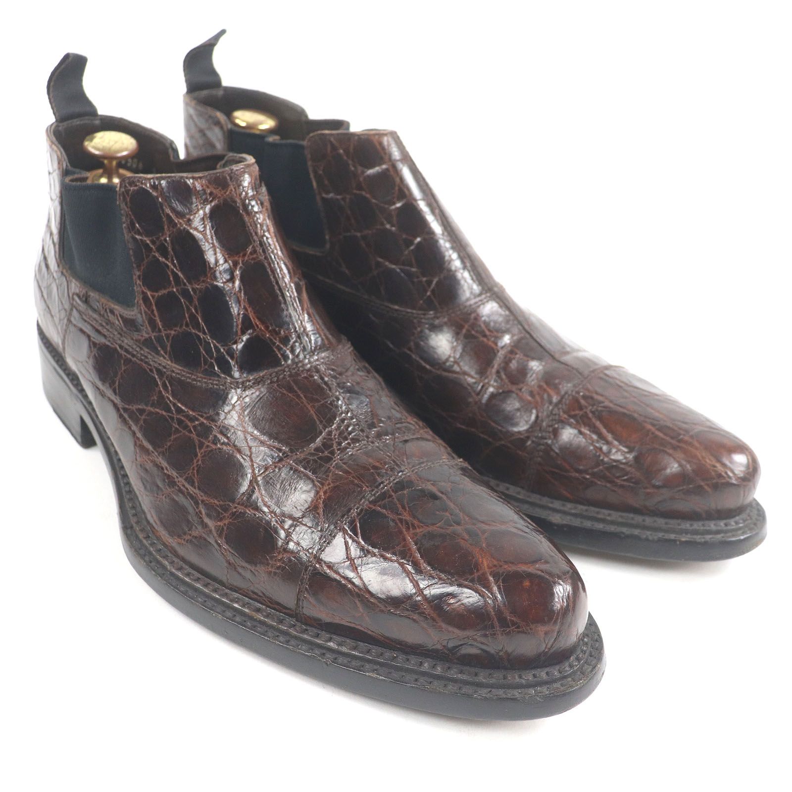 PRADA プラダ クロコダイルレザー キャップトゥ ストレートチップ レザー サイドゴアブーツ ショートブーツ ダークブラウン 8 イタリア製 メンズ