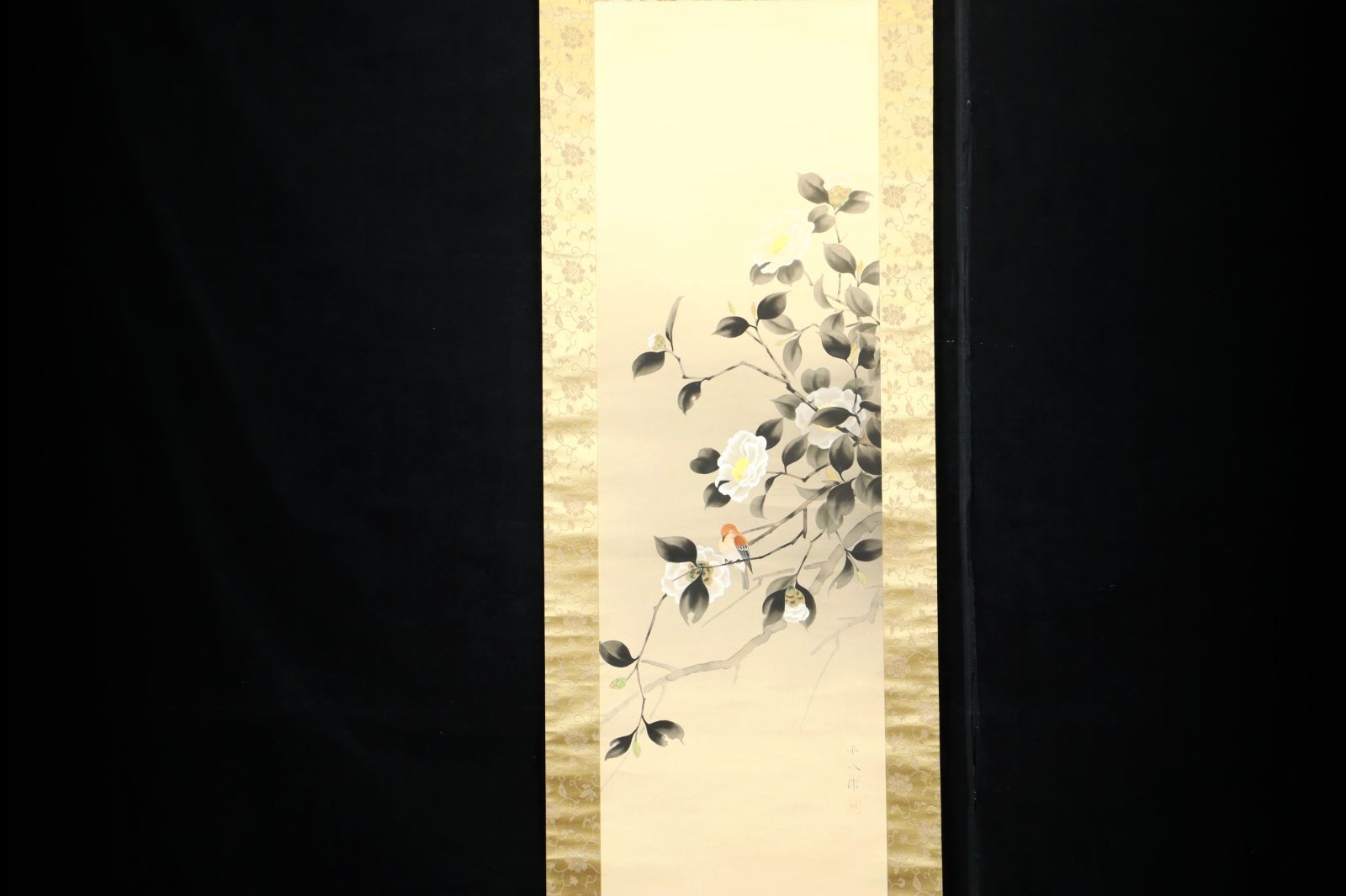 福田平八郎「椿と駒鳥図」肉筆紙本掛軸 共箱 軸壮 落款 唐物