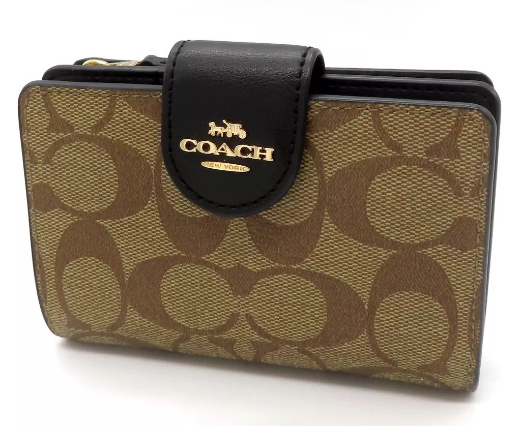 財布 パスケース COACH コーチ カーキ|ブラック ミディアム コーナー ジップ ウォレット シグネチャー キャンバス