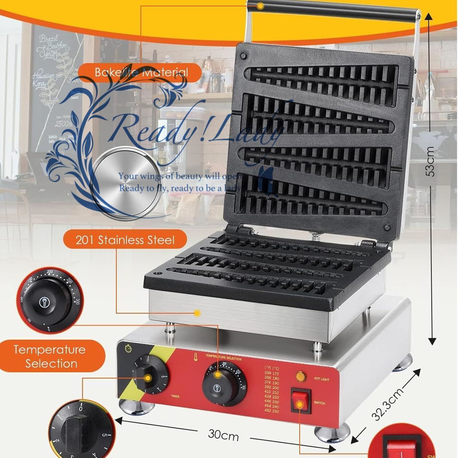 コマーシャル1500W電気ワッフルメーカー - 304ステンレス鋼 焦げ付き防止の取り外し なプレート 0-300°Cの温度制御 5分間のタイマー WWW_KANDAIZUMI_COM