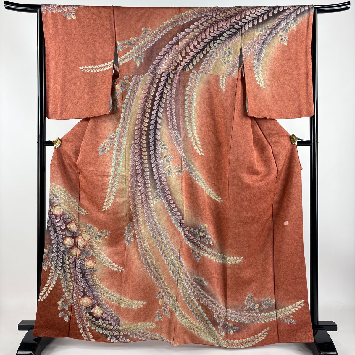 訪問着 身丈165.5cm 裄丈65.5cm M 袷 落款 辻が花 銀通し ぼかし 赤茶 正絹 名品