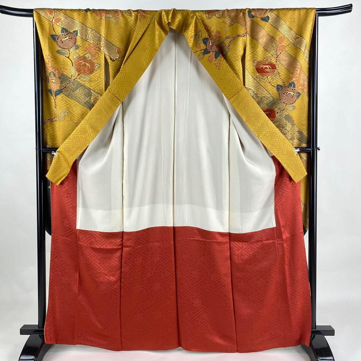 振袖 身丈165cm 裄丈65cm M 袷 橘 竹 金糸 金彩 黄土色 正絹 美品 秀品  