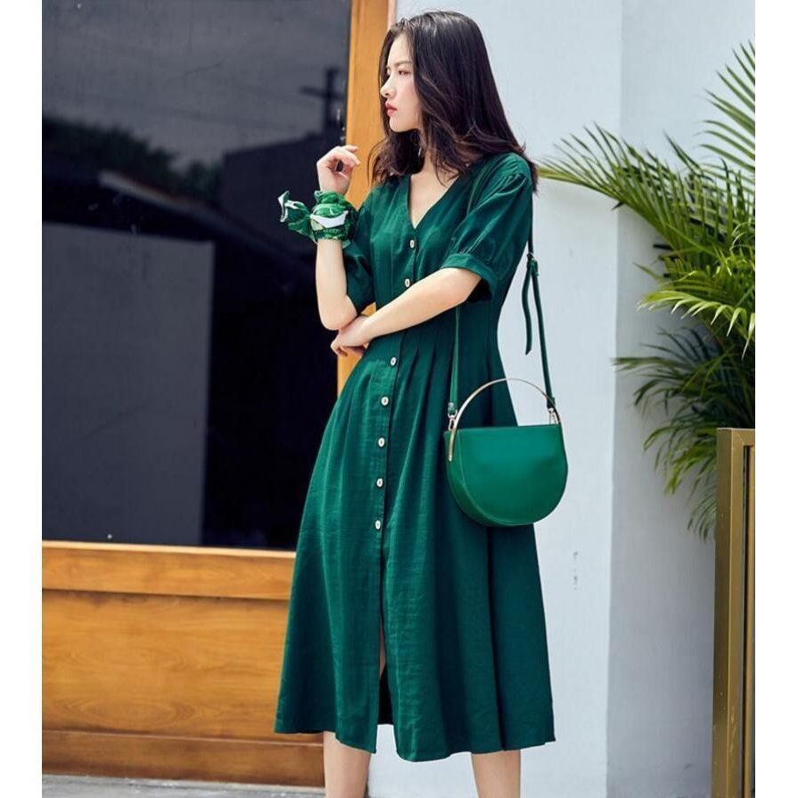 マキシワンピース レディース ロングワンピ 夏 グリーン リネンワンピ シャツワンピ Vネック 無地 半袖 大きいサイズ Aライン 着痩せ キレイめ 2018年 myoji 37179