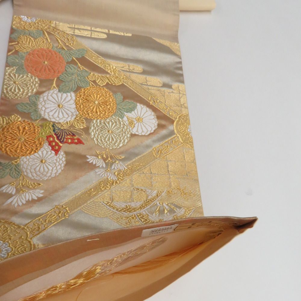 西陣織 袋帯 未仕立て 金色x緑色 金糸銀糸 菊に波模様など 六通柄