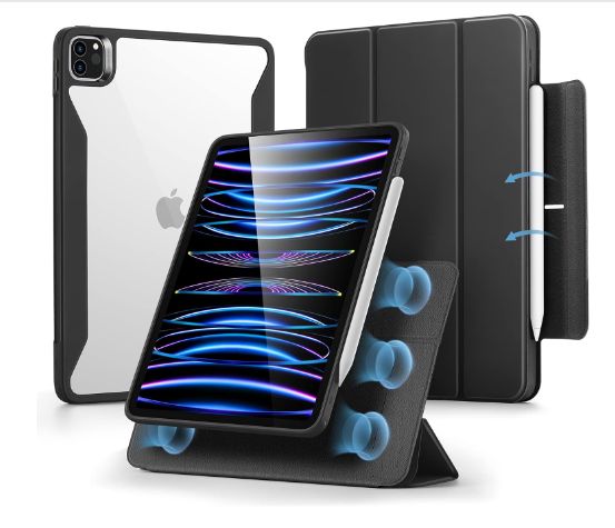 ESR iPad Pro 11インチ ケース 第4/3世代(2022/2021)専用 Pencilホルダー付き 取り外し可能マグネットカバー 縦置き/横置きスタンド Pencil 2対応 Rebound 360シリーズ ブラック 9-12