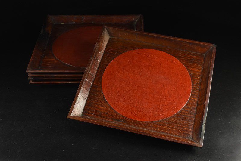 蔵A3468b 民藝 讃岐 後藤塗 日の丸盆 五客