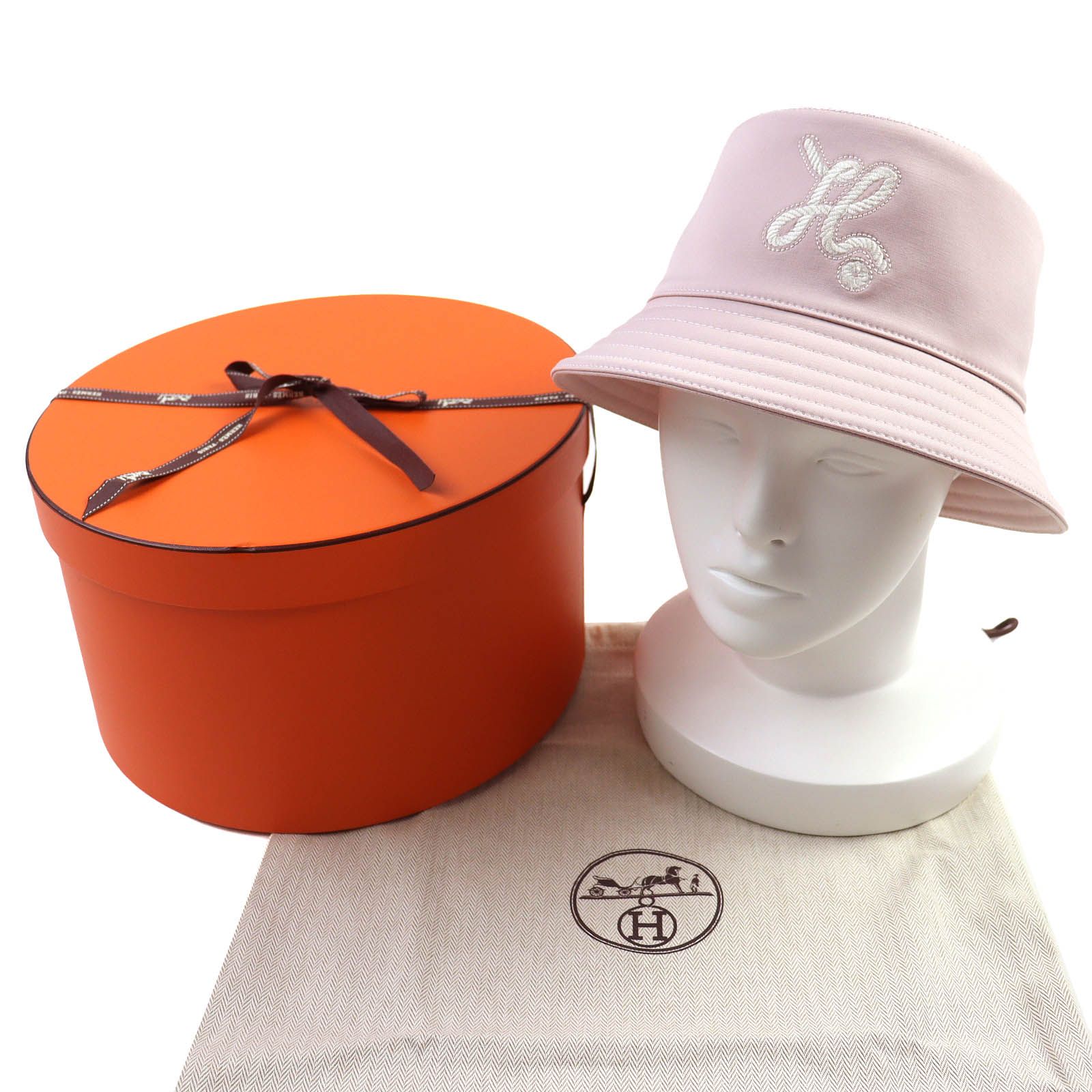 △HERMES エルメス ハーパー ノーティック コットン Hロゴ バケットハット 帽子 ピンク 58 箱 保存袋付き イタリア製 レディース