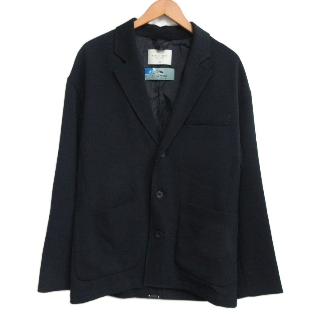 パブリックトウキョウ PUBLIC TOKYO 21年 AQUA WOOL アクアウール カルゼ セットアップ ジャケット-パンツ シングル 3B ゴムウエスト 背抜き 紺 ネイビー サイズ2