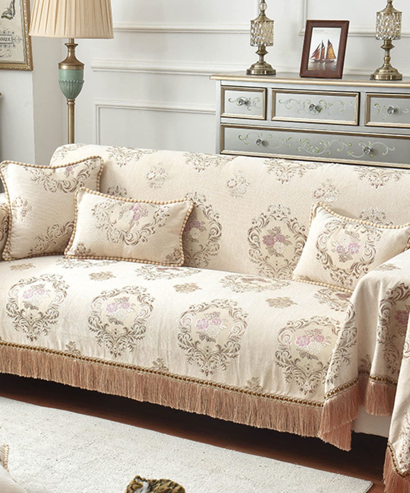 アイモハ ソファーカバー マルチカバー ラグ アンティーク調 カーペット マルチラグ マット 韓国 インテリア ブランケット 204×186 ひざ掛け シャンパン