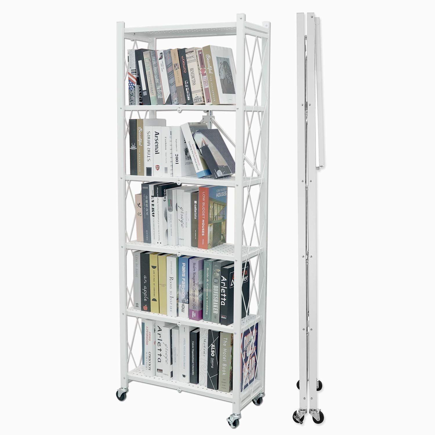 E-WIN 折りたたみラック 6段 キャスター付き 届いて 幅64cm 棚 本棚 キッチン 食器棚 大容量 省スペース スリム コンパクト 収納 スチールラック ホワイト 白 X-6-WH メーカー 1年