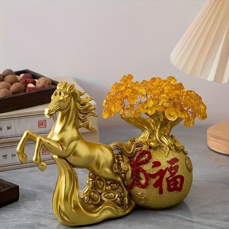 樹脂製の金色の馬の彫刻と縁起の良い牡丹の木、モダンな高級感のあるホームオフィス装飾、リビングルーム、玄関、装飾的なギフトピース用の創造的な卓上アートワーク、1セット