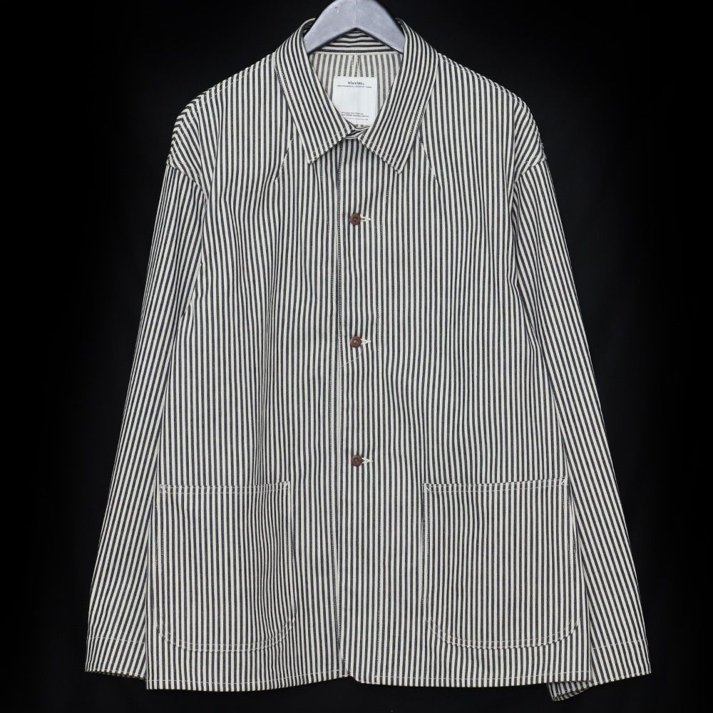 美品 visvim COVERALL HICKORY UNWASHED Visvim Men's Vivism Ss Coverall Jacket Hickory in White Blue Visvim