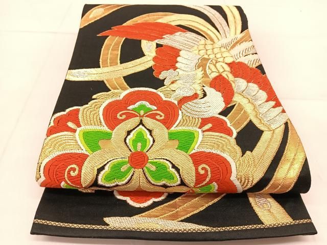 平和屋着物◎六通柄袋帯 唐織 鳳凰正倉院花文 黒地 金銀糸 正絹 逸品  