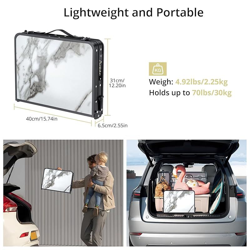  Anbte 折りたたみ式キャンプテーブル 収納ネット付き 高さ3段階調節 2フィート アルミニウム製 小型折りたたみテーブル 軽量アウトドアテーブル 旅行 ピクニック キャンプ用ポータブルハンドル 60 cm 40 ピュアブラック 大理石模様 アウトドアテーブル テーブル チェア ハンモック